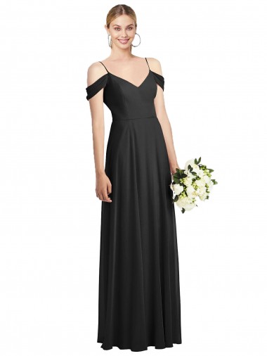 Black Soft Chiffon Spaghetti Straps Long Cold Shoulder Semi Formal Evening Dress / Bridesmaid Dress Southampton