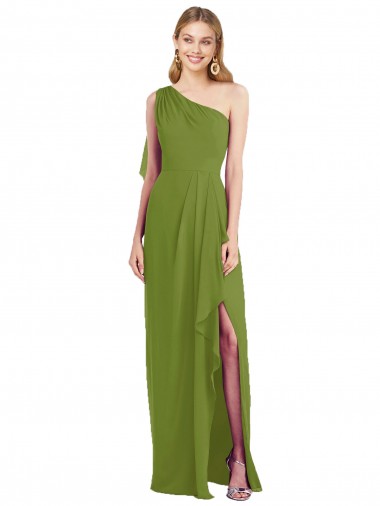 Olive Green Soft Chiffon One Shoulder Long Sleeveless Bridesmaid Dress Southampton