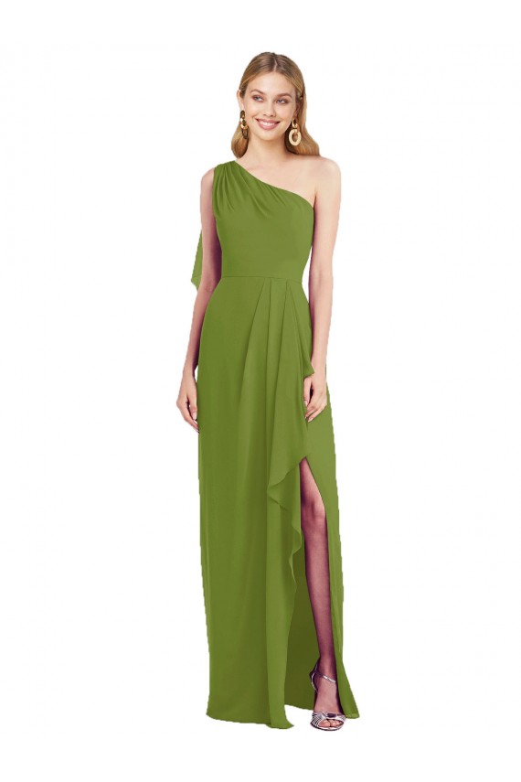 Olive Green Soft Chiffon One Shoulder Long Sleeveless Bridesmaid Dress Southampton