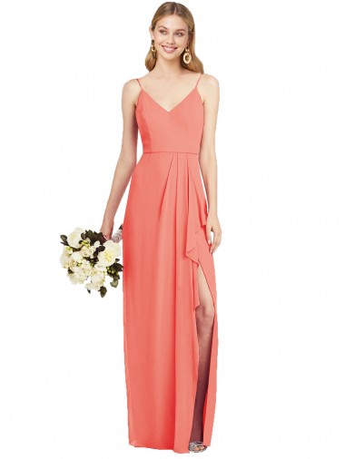 Coral Soft Chiffon Spaghetti Straps Long Sleeveless Formal Dress / Bridesmaid Dress Southampton