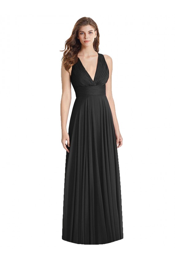 Open Back Black Soft Chiffon V-Neck Long Sleeveless Bridesmaid Dress Southampton