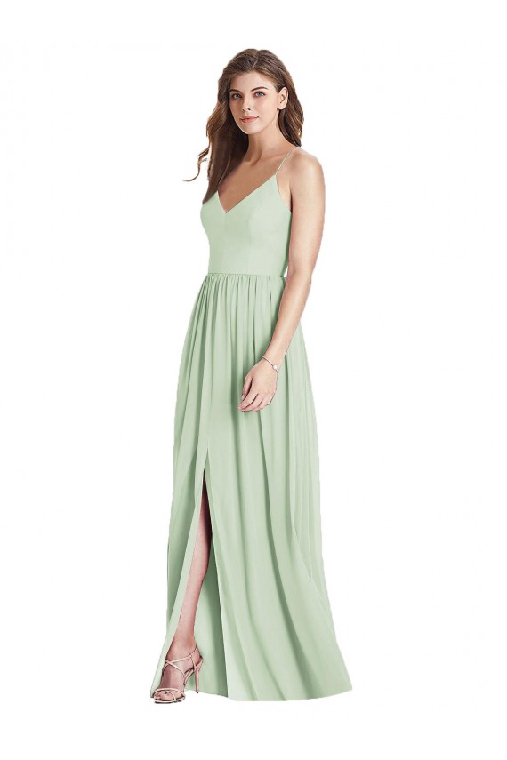 Open Back Sage Soft Chiffon Spaghetti Straps Long Sleeveless Semi Formal Evening Dress / Bridesmaid Dress Southampton