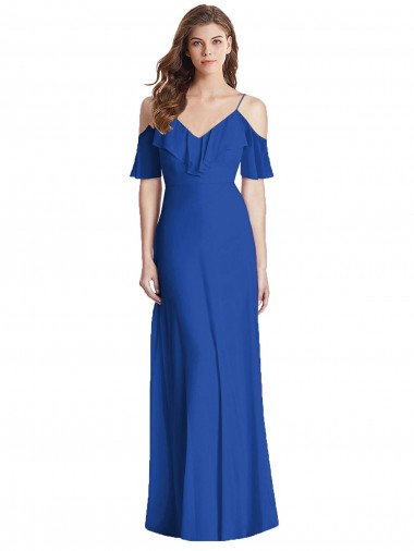V-Back Soft Chiffon Spaghetti Straps Long Cold Shoulder Semi Formal Evening Dress / Bridesmaid Dress Southampton