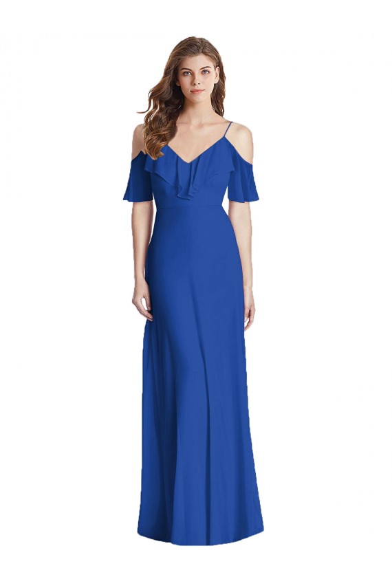 V-Back Soft Chiffon Spaghetti Straps Long Cold Shoulder Semi Formal Evening Dress / Bridesmaid Dress Southampton