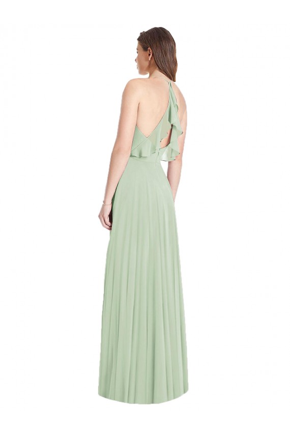 Sage Soft Chiffon Spaghetti Straps Long Cold Shoulder Semi Formal Evening Dress / Bridesmaid Dress Southampton