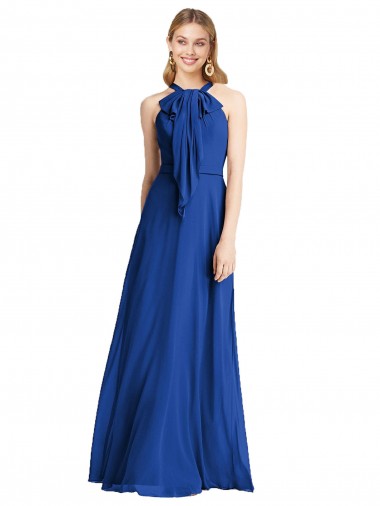 V-Back Royal Blue Soft Chiffon Halter Neck Long Sleeveless Bridesmaid Dress Southampton