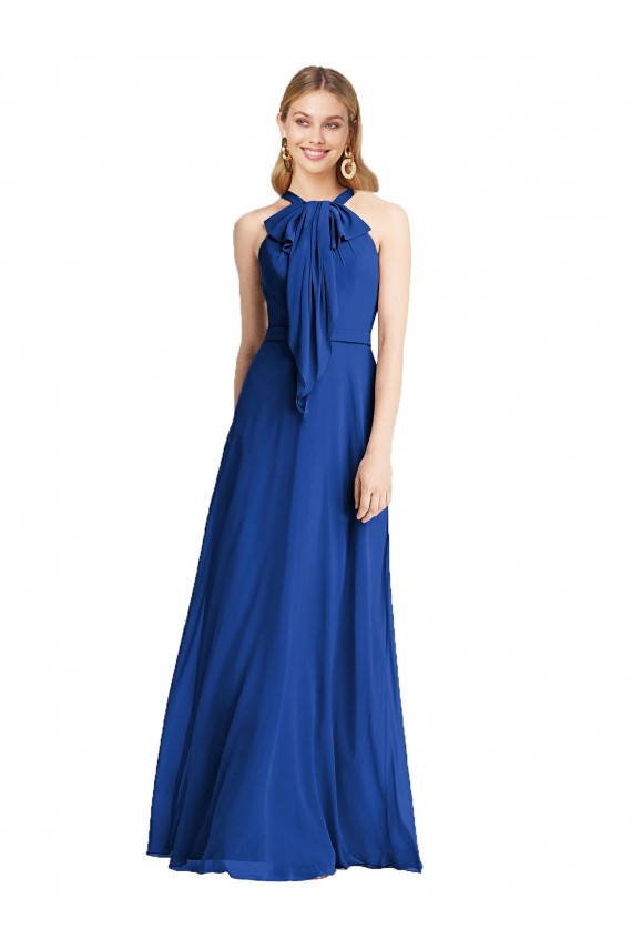 V-Back Royal Blue Soft Chiffon Halter Neck Long Sleeveless Bridesmaid Dress Southampton
