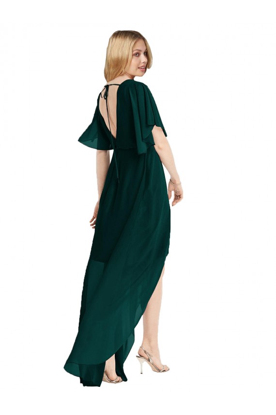 Tie Back Soft Chiffon Round Neck Flutter Sleeves High Low Bridesmaid Dress Southampton