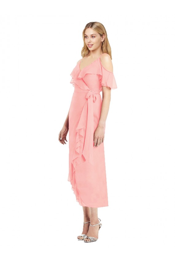 Soft Chiffon Spaghetti Straps Cocktail Length Cold Shoulder High Low Bridesmaid Dress Southampton