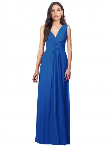 V-Back Royal Blue Soft Chiffon V-Neck Long Sleeveless Semi Formal Evening Dress / Bridesmaid Dress Southampton