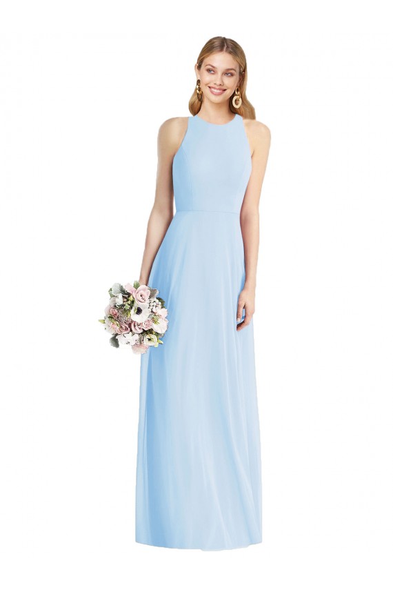 Light Sky Blue Soft Chiffon Halter Neck Long Sleeveless Semi Formal Evening Dress / Bridesmaid Dress Southampton