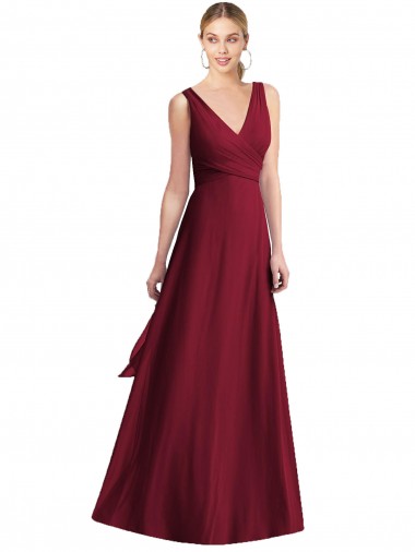 V-Back Burgundy Chiffon V-Neck Long Floor Length Sleeveless Bridesmaid Dress Southampton