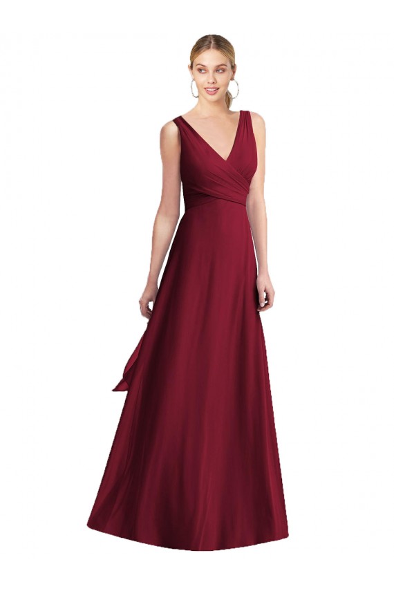 V-Back Burgundy Chiffon V-Neck Long Floor Length Sleeveless Bridesmaid Dress Southampton