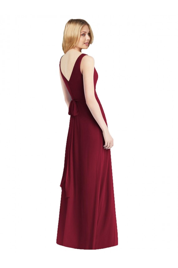 V-Back Burgundy Chiffon V-Neck Long Floor Length Sleeveless Bridesmaid Dress Southampton