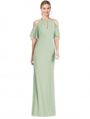 Soft Chiffon Halter Neck Long Cold Shoulder Semi Formal Evening Dress / Bridesmaid Dress Southampton