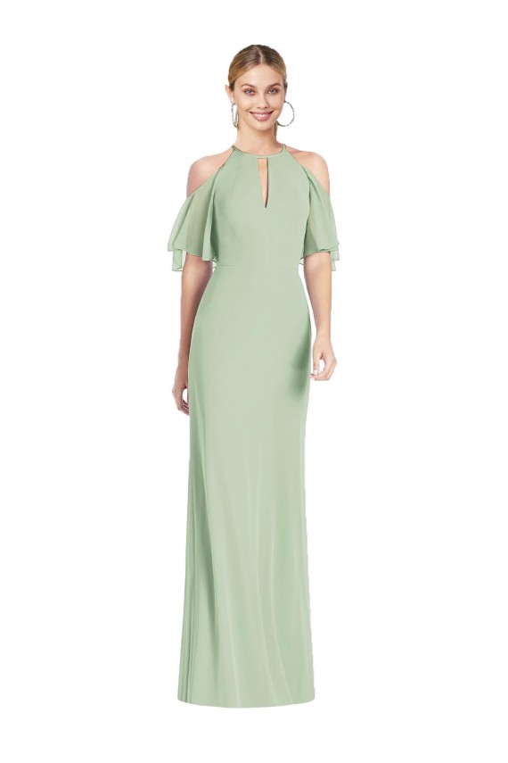 Soft Chiffon Halter Neck Long Cold Shoulder Semi Formal Evening Dress / Bridesmaid Dress Southampton