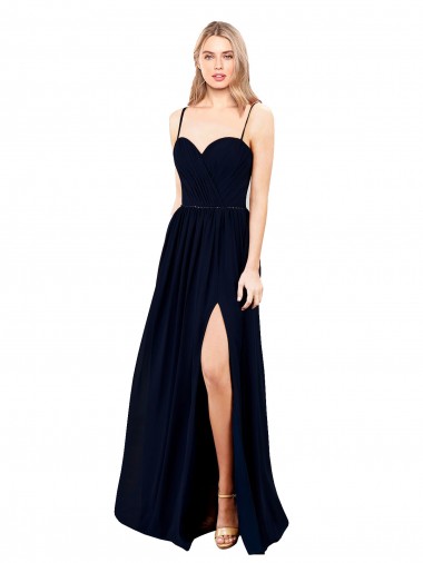 Dark Navy Soft Chiffon Spaghetti Straps Long Sleeveless Formal Evening Gown / Bridesmaid Dress Southampton