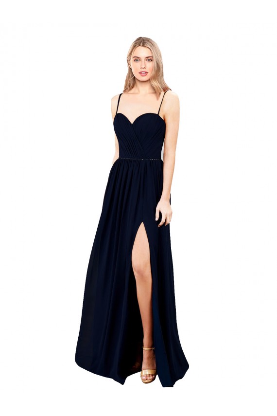 Dark Navy Soft Chiffon Spaghetti Straps Long Sleeveless Formal Evening Gown / Bridesmaid Dress Southampton