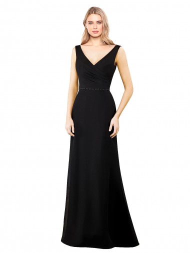 V-Back Black Soft Chiffon V-Neck Long Sleeveless Prom Dress / Bridesmaid Dress Southampton