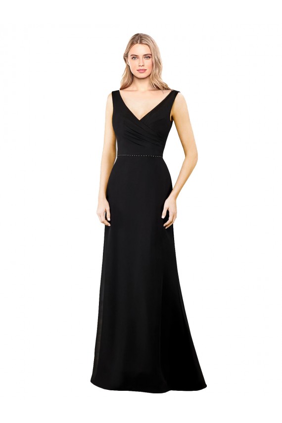 V-Back Black Soft Chiffon V-Neck Long Sleeveless Prom Dress / Bridesmaid Dress Southampton