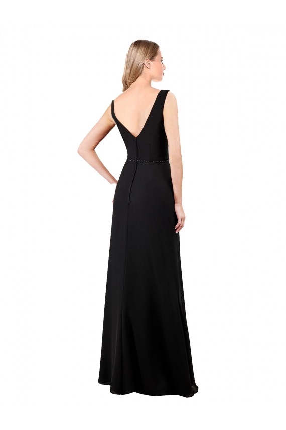 V-Back Black Soft Chiffon V-Neck Long Sleeveless Prom Dress / Bridesmaid Dress Southampton