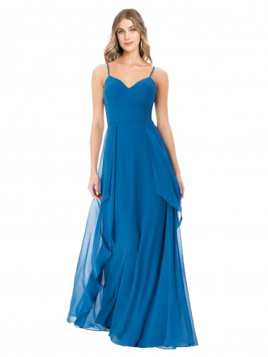 Peacock Blue Soft Chiffon Spaghetti Straps Long Sleeveless Bridesmaid Dress Southampton