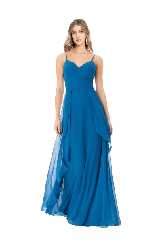 Peacock Blue Soft Chiffon Spaghetti Straps Long Sleeveless Bridesmaid Dress Southampton