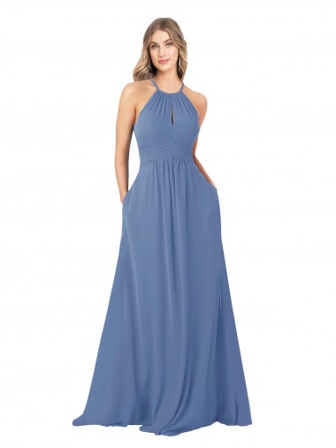 Keyhole Back Windsor Blue Soft Chiffon High Neck Long Sleeveless Bridesmaid Dress Southampton
