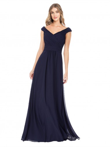 Dark Navy Soft Chiffon Off the Shoulder Long Sleeveless Evening Dress / Bridesmaid Dress Southampton