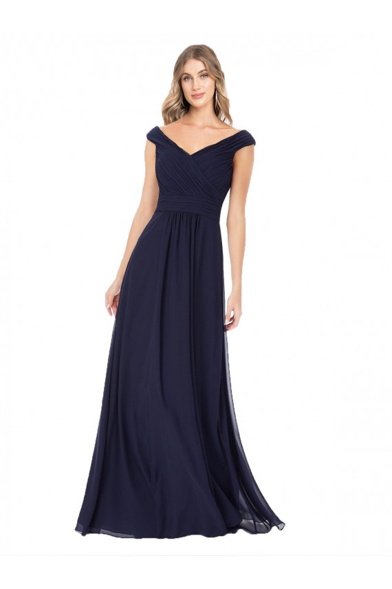Dark Navy Soft Chiffon Off the Shoulder Long Sleeveless Evening Dress / Bridesmaid Dress Southampton
