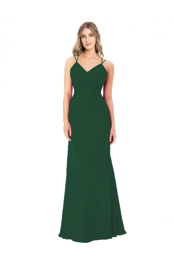 Dark Green Soft Chiffon V-Neck Long Sleeveless Bridesmaid Dress Southampton