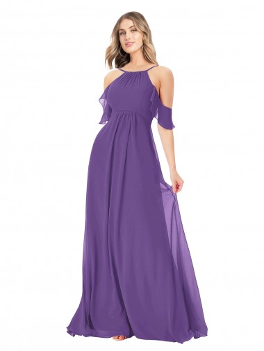 Plum Purple Soft Chiffon Off the Shoulder Long Cold Shoulder Bridesmaid Dress Southampton