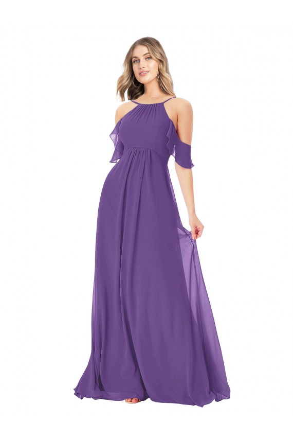 Plum Purple Soft Chiffon Off the Shoulder Long Cold Shoulder Bridesmaid Dress Southampton