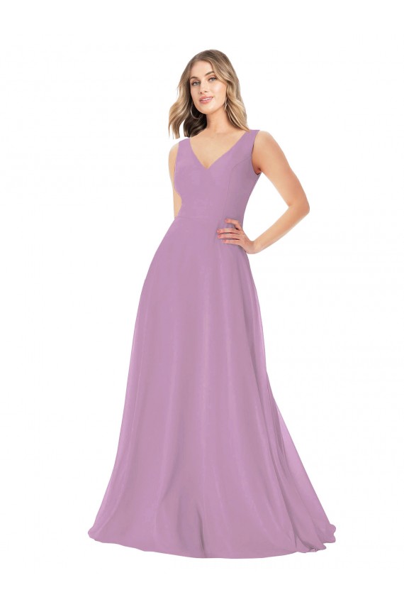 Dark Lavender Soft Chiffon V-Neck Long Sleeveless Bridal Party Dress Southampton