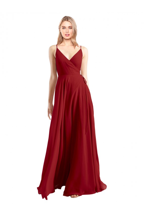V-Back Red Luxe Chiffon Spaghetti Straps Long Sleeveless Bridesmaid Dress Southampton