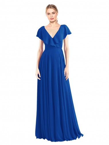 V-Back Royal Blue Soft Chiffon V-Neck Long Flutter Sleeves Bridesmaid Dress Southampton
