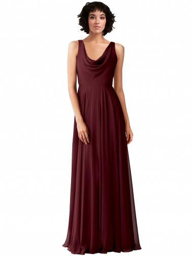V-Back Burgundy Gold Soft Chiffon Cowl Neck Long Sleeveless Bridesmaid Dress Southampton