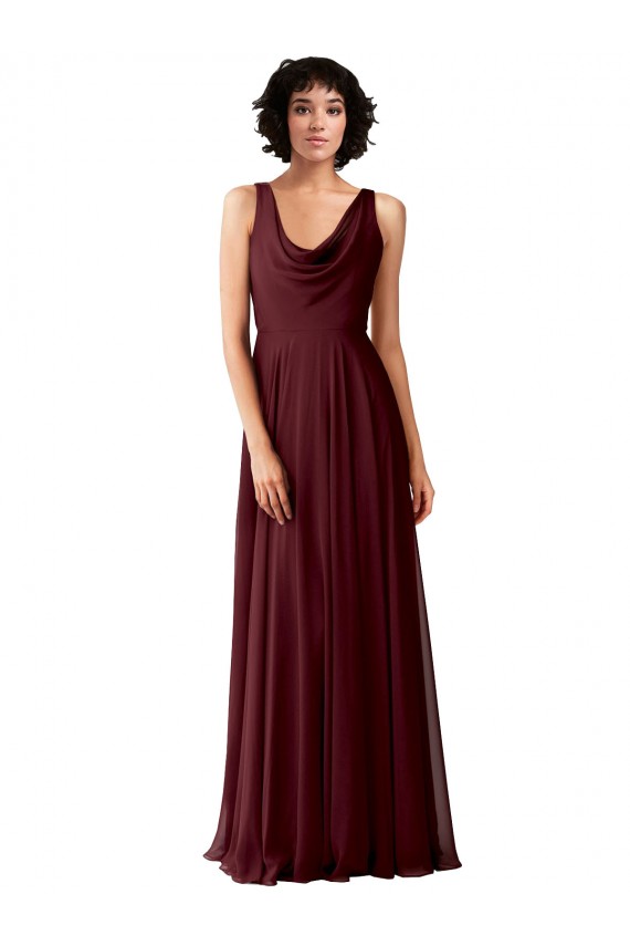 V-Back Burgundy Gold Soft Chiffon Cowl Neck Long Sleeveless Bridesmaid Dress Southampton
