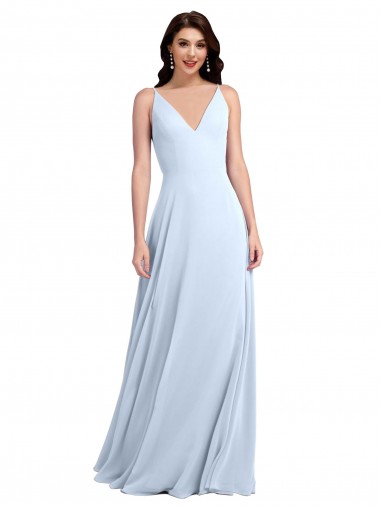 V-Back Light Sky Blue Soft Chiffon V-Neck Long Sleeveless Evening Dress / Bridesmaid Dress Southampton