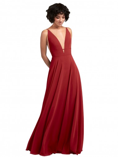 V-Back Red Lxue Chiffon V-Neck Long Sleeveless Bridesmaid Dress Southampton