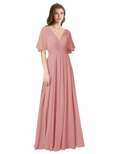 V-Back Bliss Pink Soft Chiffon V-Neck Long Flutter Sleeves Bridesmaid Dress Southampton
