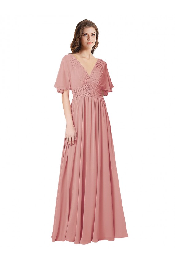 V-Back Bliss Pink Soft Chiffon V-Neck Long Flutter Sleeves Bridesmaid Dress Southampton
