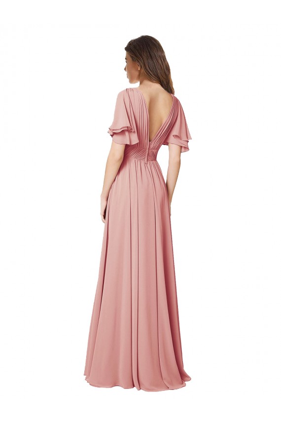 V-Back Bliss Pink Soft Chiffon V-Neck Long Flutter Sleeves Bridesmaid Dress Southampton