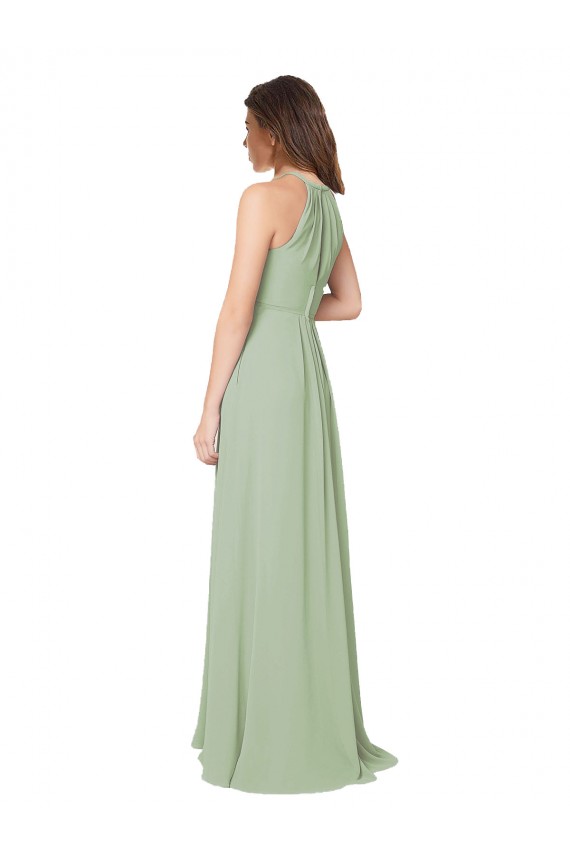 Keyhole Back Smoke Green Soft Chiffon Halter Neck Long Sleeveless Bridesmaid Dress Southampton