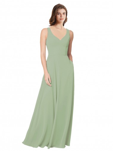 Open Back Smoke Green Soft Chiffon Sweetheart Long Sleeveless Formal Dress / Bridesmaid Dress Southampton