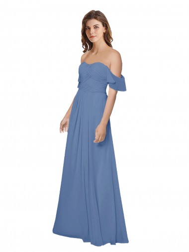 Open Back Soft Chiffon Off the Shoulder Long Flutter Sleeves Bridesmaid Dress Southampton