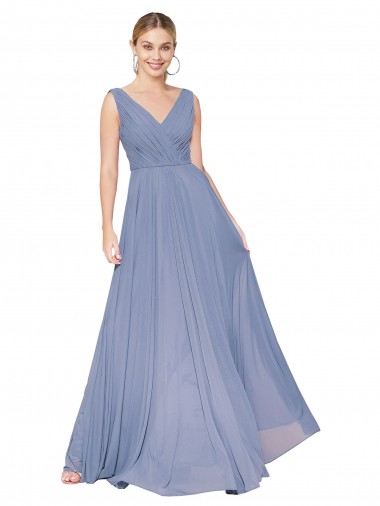 V-Back Dusty Blue Soft Chiffon V-Neck Long Sleeveless Formal Evening Gown / Prom Dress / Bridesmaid Dress Southampton