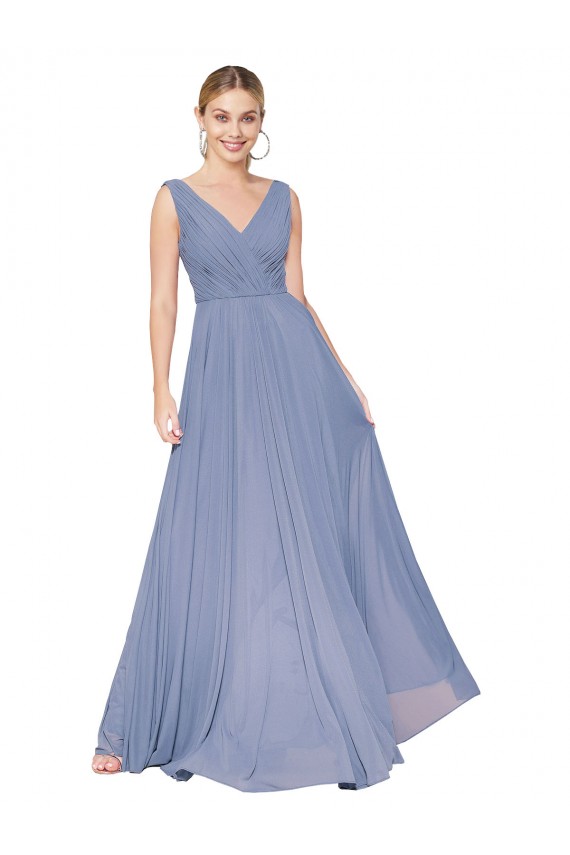 V-Back Dusty Blue Soft Chiffon V-Neck Long Sleeveless Formal Evening Gown / Prom Dress / Bridesmaid Dress Southampton