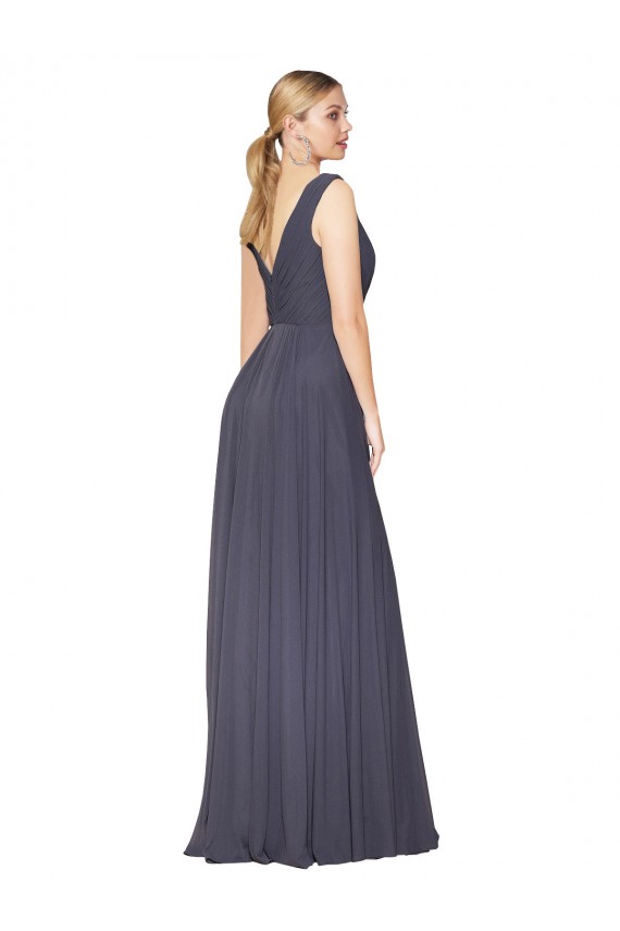 V-Back Dusty Blue Soft Chiffon V-Neck Long Sleeveless Formal Evening Gown / Prom Dress / Bridesmaid Dress Southampton