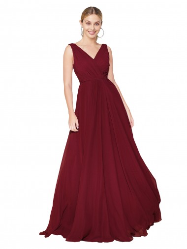 V-Back Burgundy Soft Chiffon V-Neck Long Sleeveless Formal Dress / Bridesmaid Dress Southampton